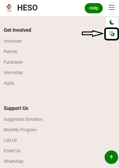 Picha ya skrini ya menyu ya lugha iliyofunguliwa baada ya kubofya ikoni ya dunia